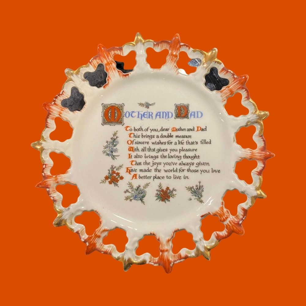 Vintage Mother and Dad Poem Plate, Gold Leaf Accents